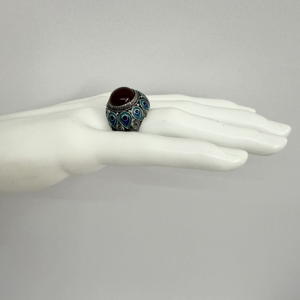Vintage Chinese Export Sterling Filigree Enamel Carnelian Ring by BJ Size 7 - Picture 9 of 12